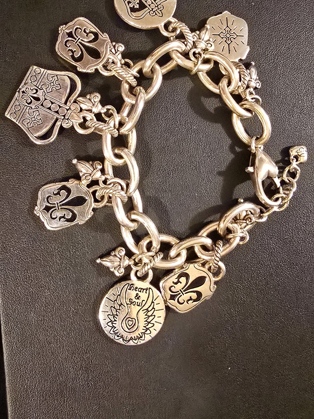 Retired Brighton Castle Crown & Fleur-De-Lis multi-charm chain bracelet.